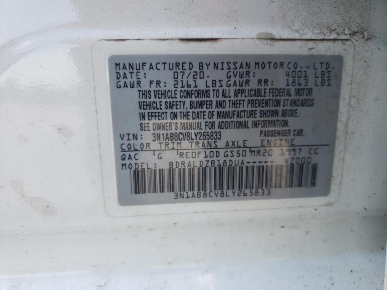 2020 Nissan Sentra Sv VIN: 3N1AB8CV8LY265833 Lot: 62533955