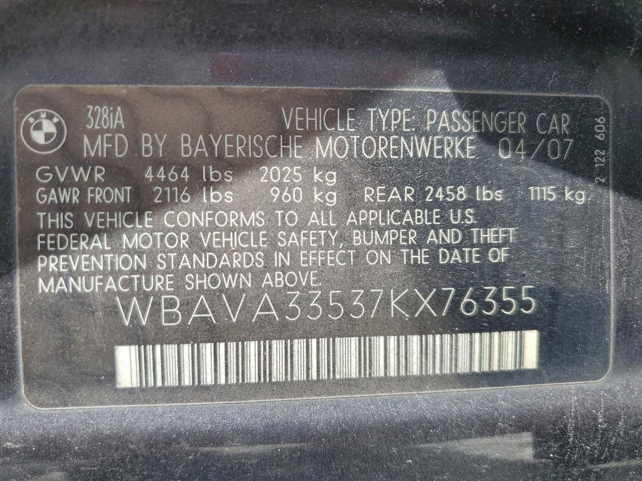 2007 BMW 328 I VIN: WBAVA33537KX76355 Lot: 61460645