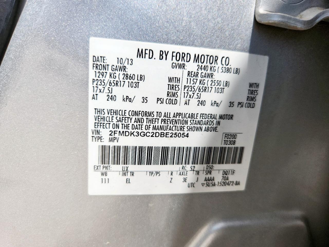 2013 Ford Edge Se VIN: 2FMDK3GC2DBE25054 Lot: 61666065