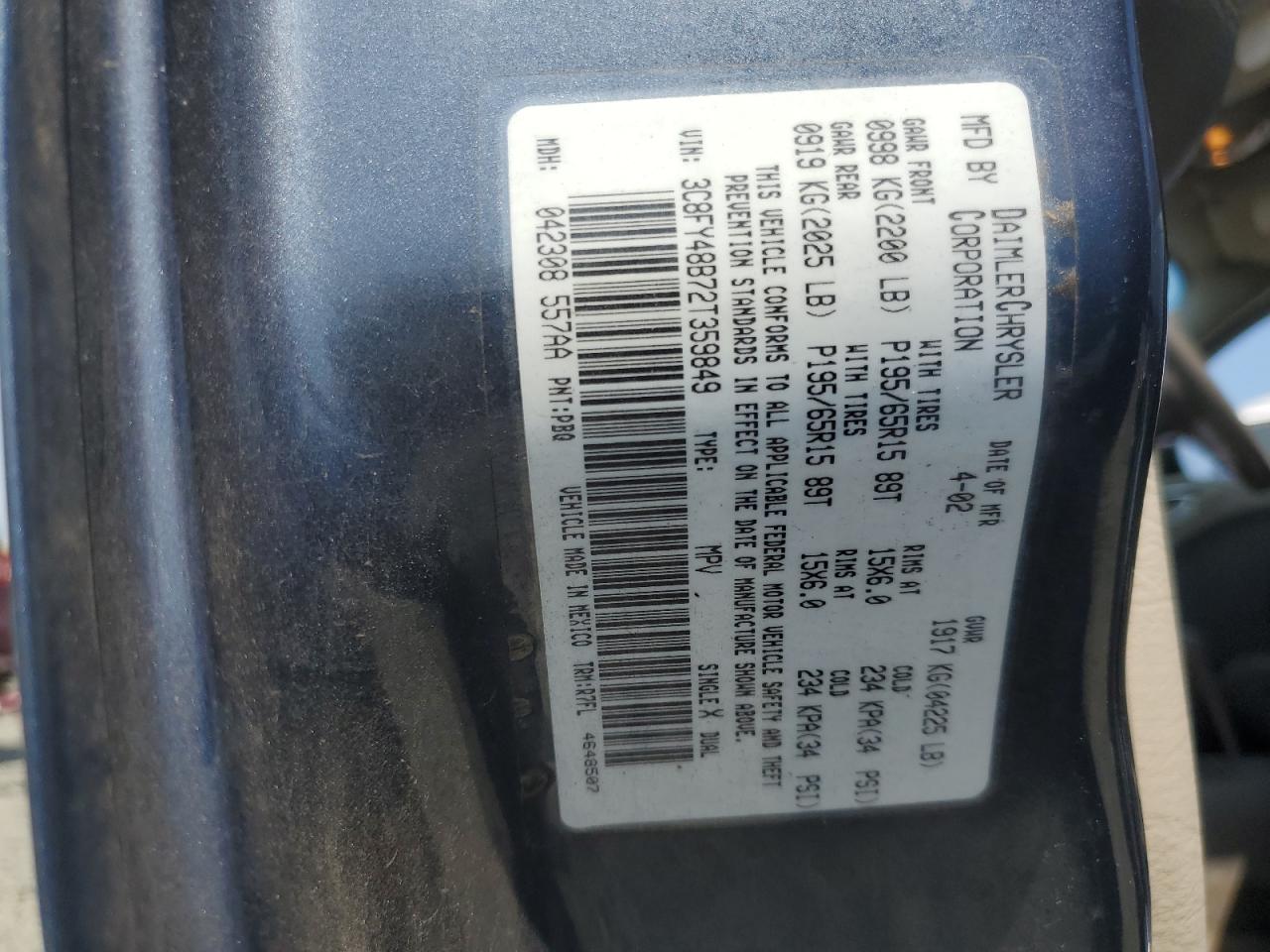 2002 Chrysler Pt Cruiser Classic VIN: 3C8FY48B72T359849 Lot: 61940215