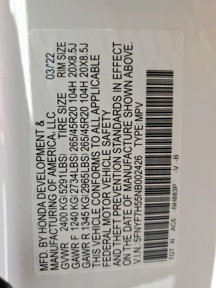 2022 Honda Passport Exl VIN: 5FNYF7H55NB002426 Lot: 62294255