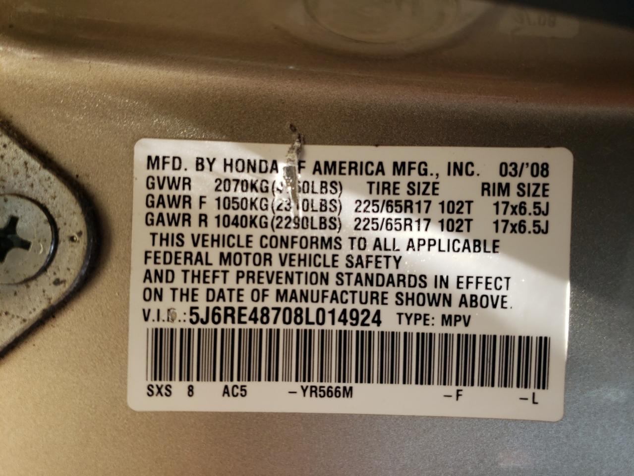 2008 Honda Cr-V Exl VIN: 5J6RE48708L014924 Lot: 61578075