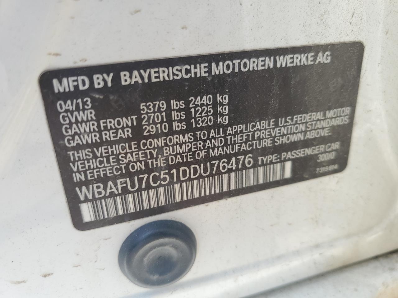 2013 BMW 535 Xi VIN: WBAFU7C51DDU76476 Lot: 60347585