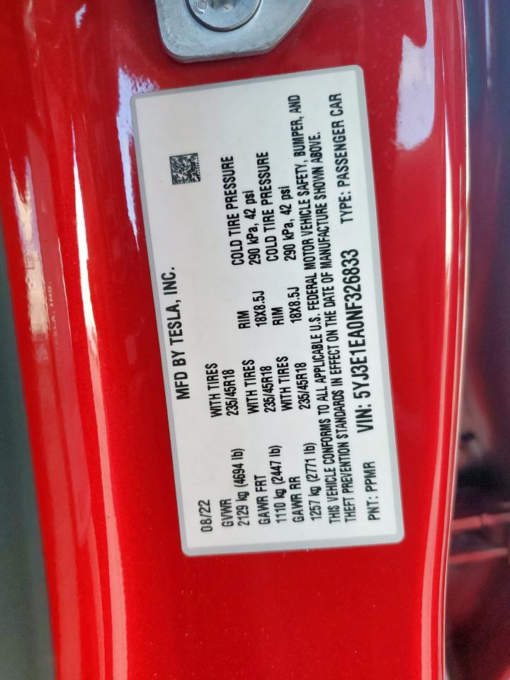 2022 Tesla Model 3 VIN: 5YJ3E1EA0NF326833 Lot: 62478425
