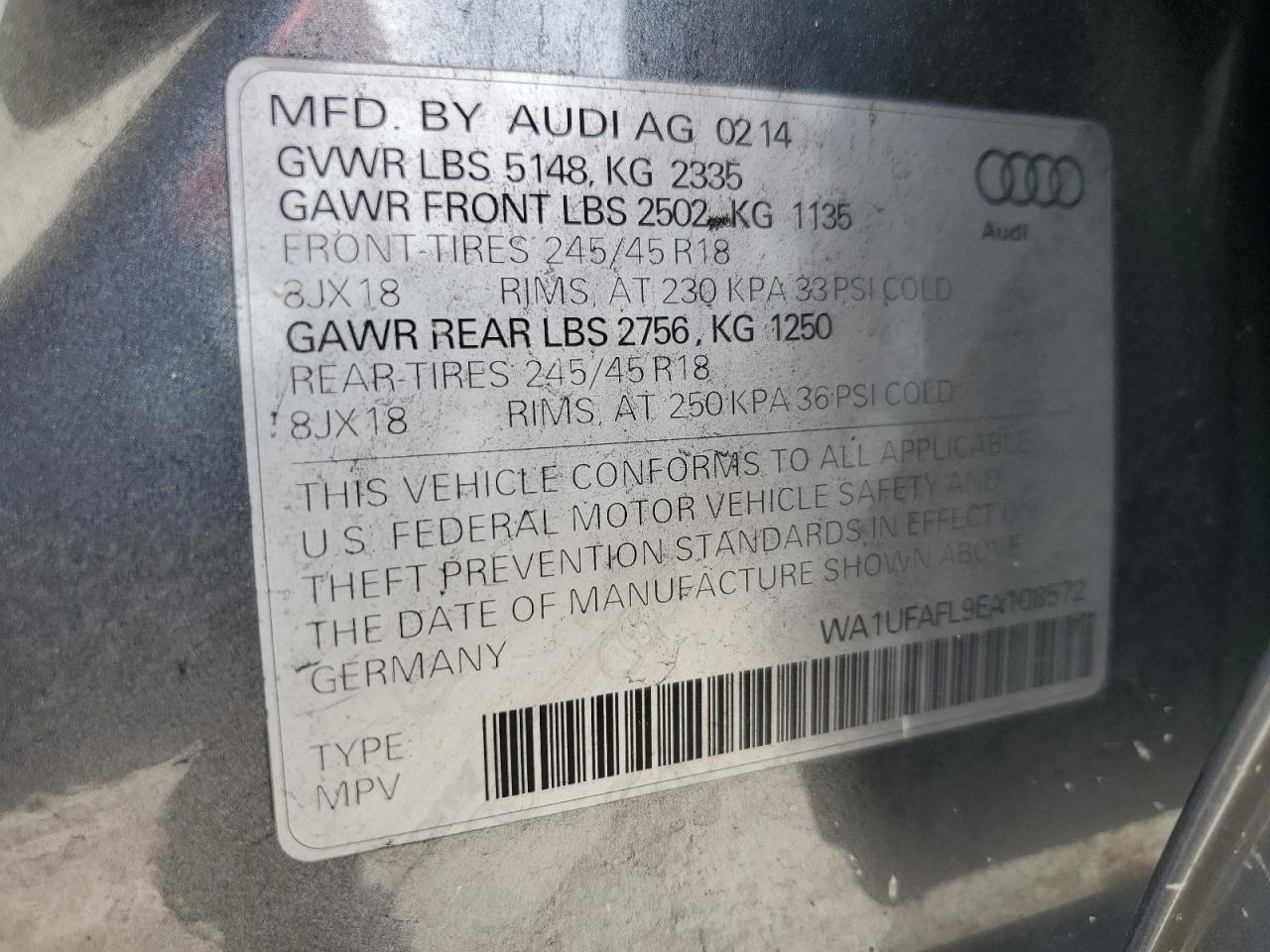 2014 Audi A4 Allroad Premium Plus VIN: WA1UFAFL9EA108572 Lot: 60227885