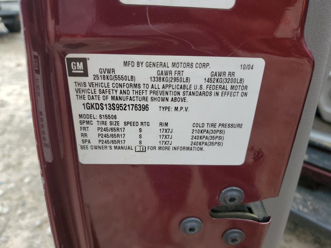 2005 GMC Envoy VIN: 1GKDS13S952176396 Lot: 59637195
