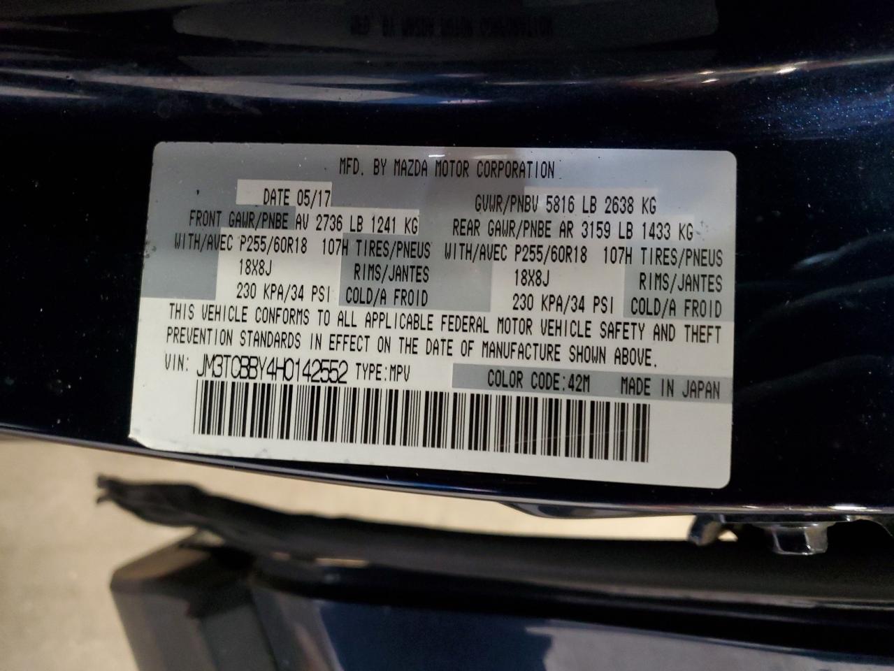2017 Mazda Cx-9 Sport VIN: JM3TCBBY4H0142552 Lot: 60720065