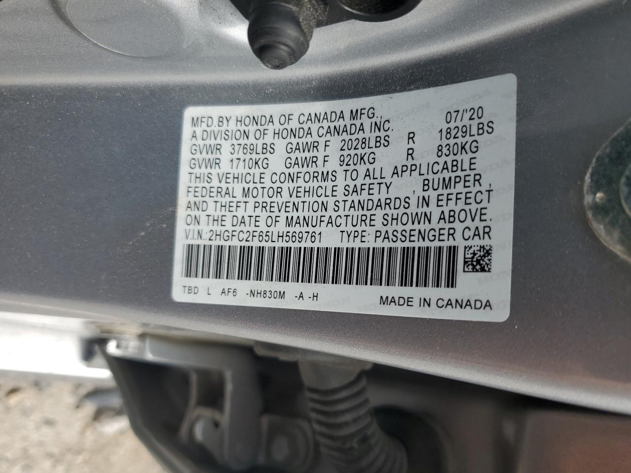 2020 Honda Civic Lx VIN: 2HGFC2F65LH569761 Lot: 62110435