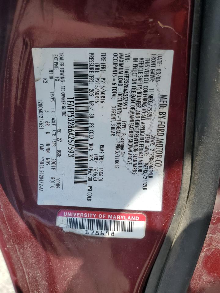 2006 Ford Taurus Se VIN: 1FAFP53286A257593 Lot: 62270255
