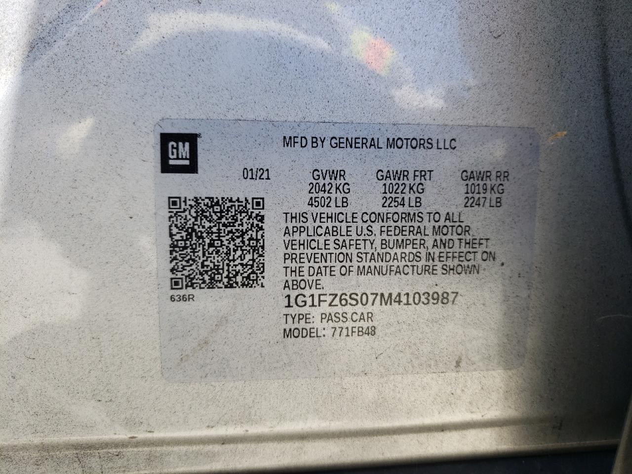 2021 Chevrolet Bolt Ev Premier VIN: 1G1FZ6S07M4103987 Lot: 61461585