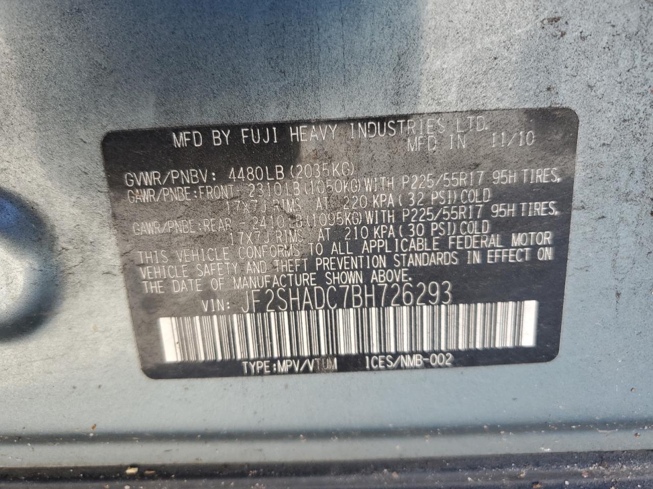 2011 Subaru Forester 2.5X Premium VIN: JF2SHADC7BH726293 Lot: 62067665