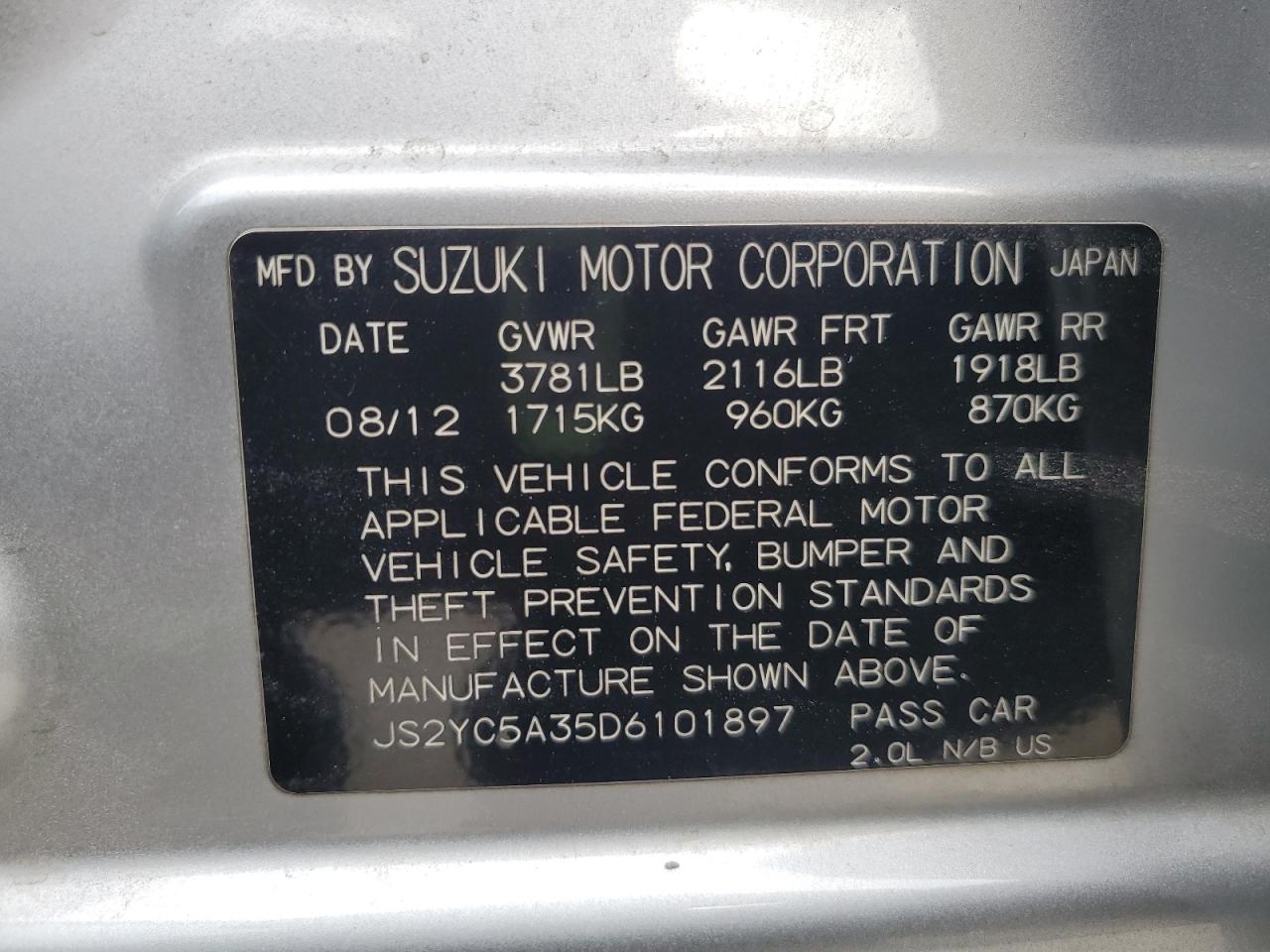2013 Suzuki Sx4 Le VIN: JS2YC5A35D6101897 Lot: 62202315