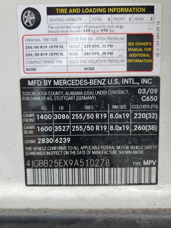 2009 Mercedes-Benz Ml VIN: 4JGBB25EX9A510278 Lot: 59348945