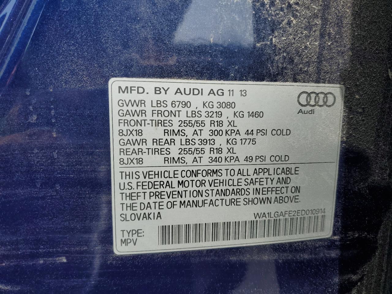 2014 Audi Q7 Premium Plus VIN: WA1LGAFE2ED010914 Lot: 59791355