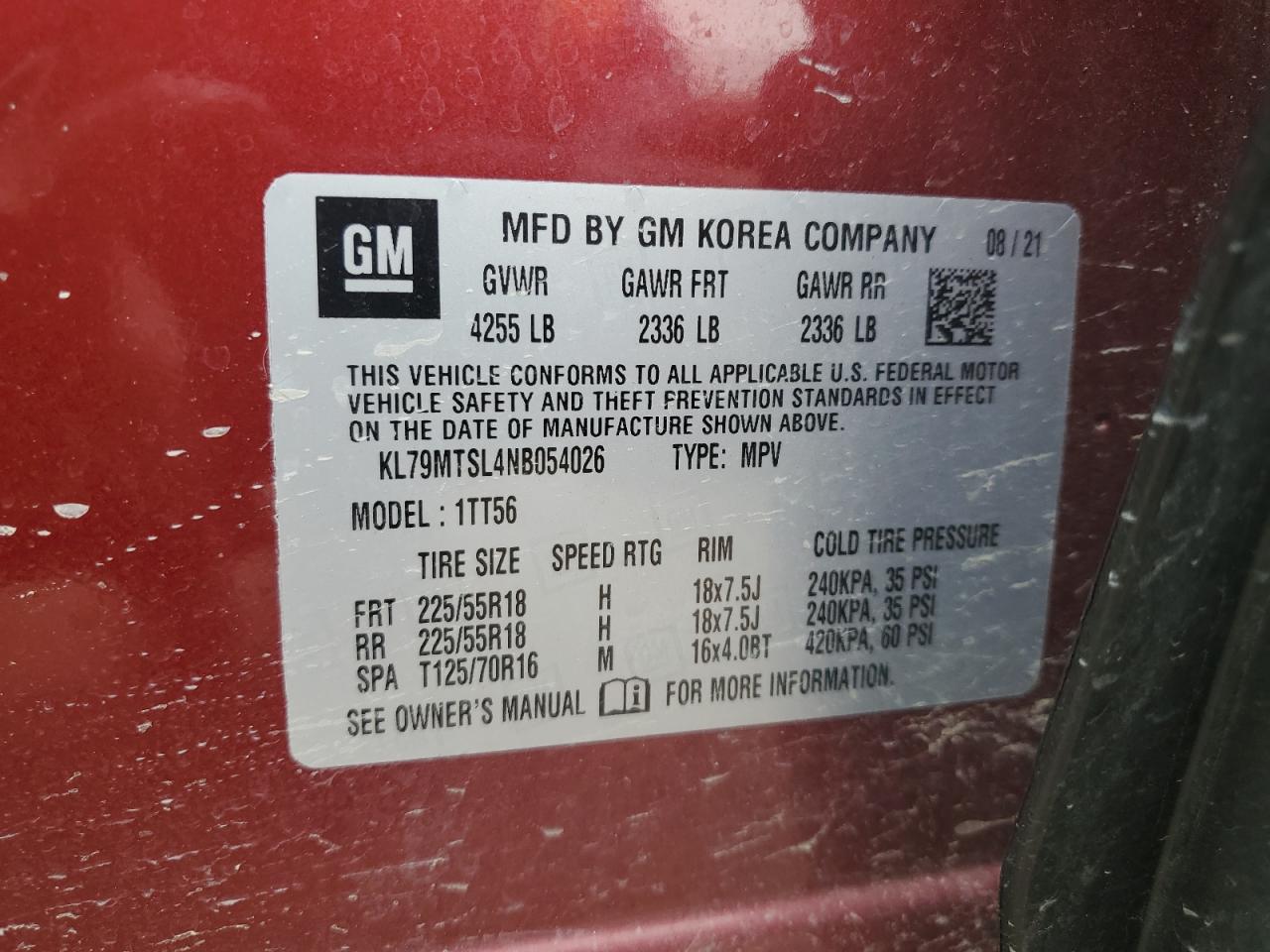 2022 Chevrolet Trailblazer Rs VIN: KL79MTSL4NB054026 Lot: 59365015