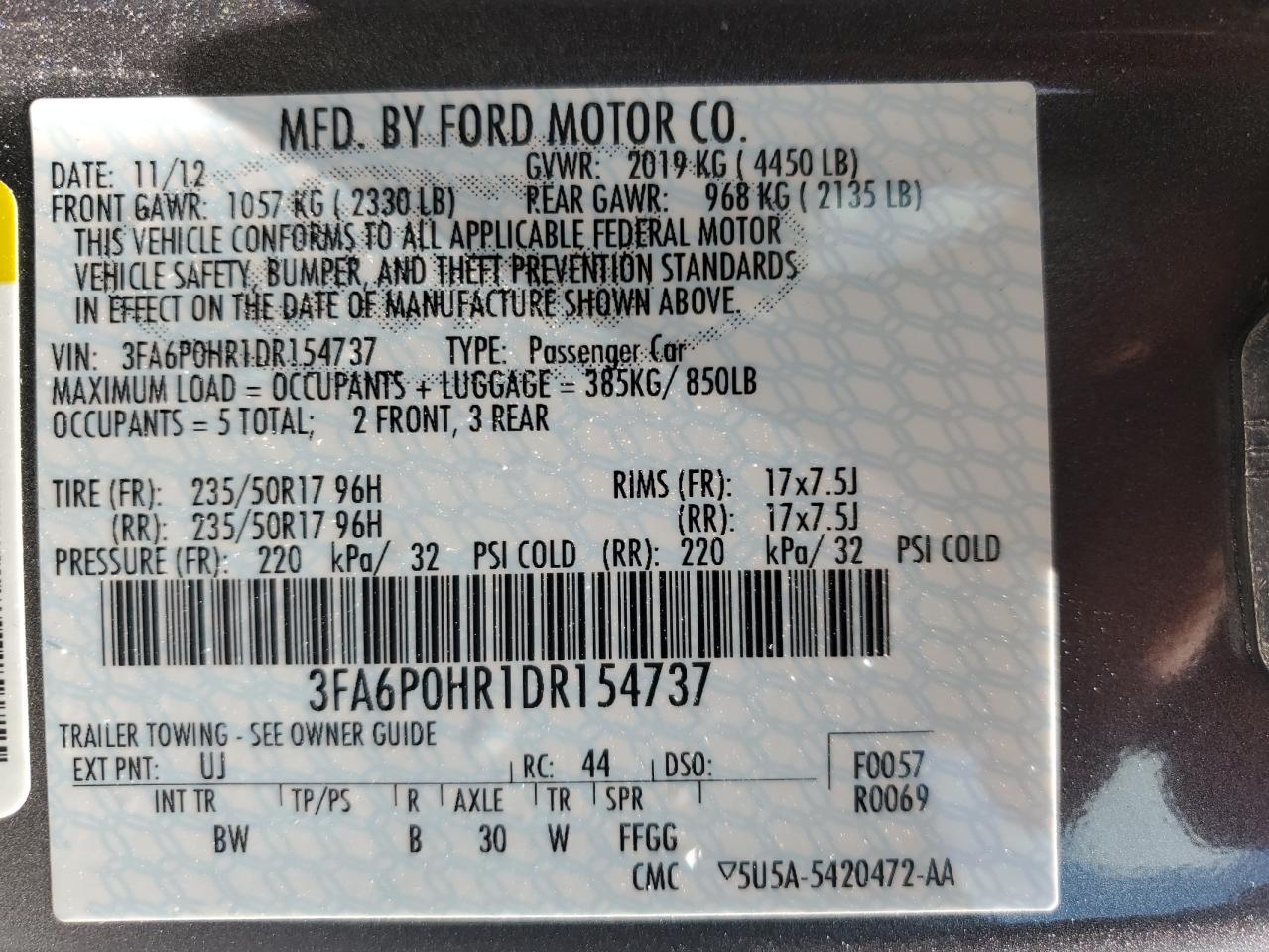 2013 Ford Fusion Se VIN: 3FA6P0HR1DR154737 Lot: 62488235