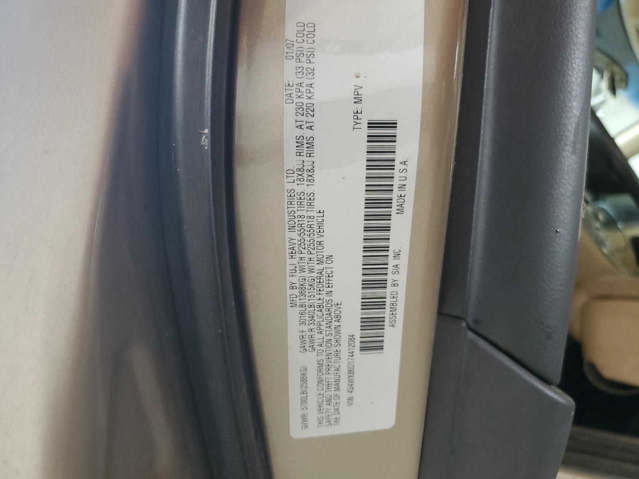 2007 Subaru B9 Tribeca 3.0 H6 VIN: 4S4WX86D174412084 Lot: 59102435