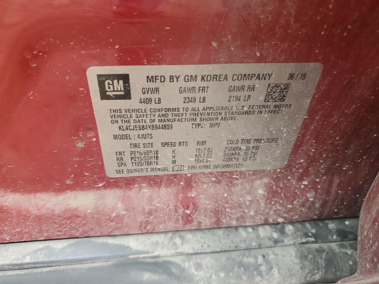 2019 Buick Encore Preferred VIN: KL4CJESB4KB944889 Lot: 61326705