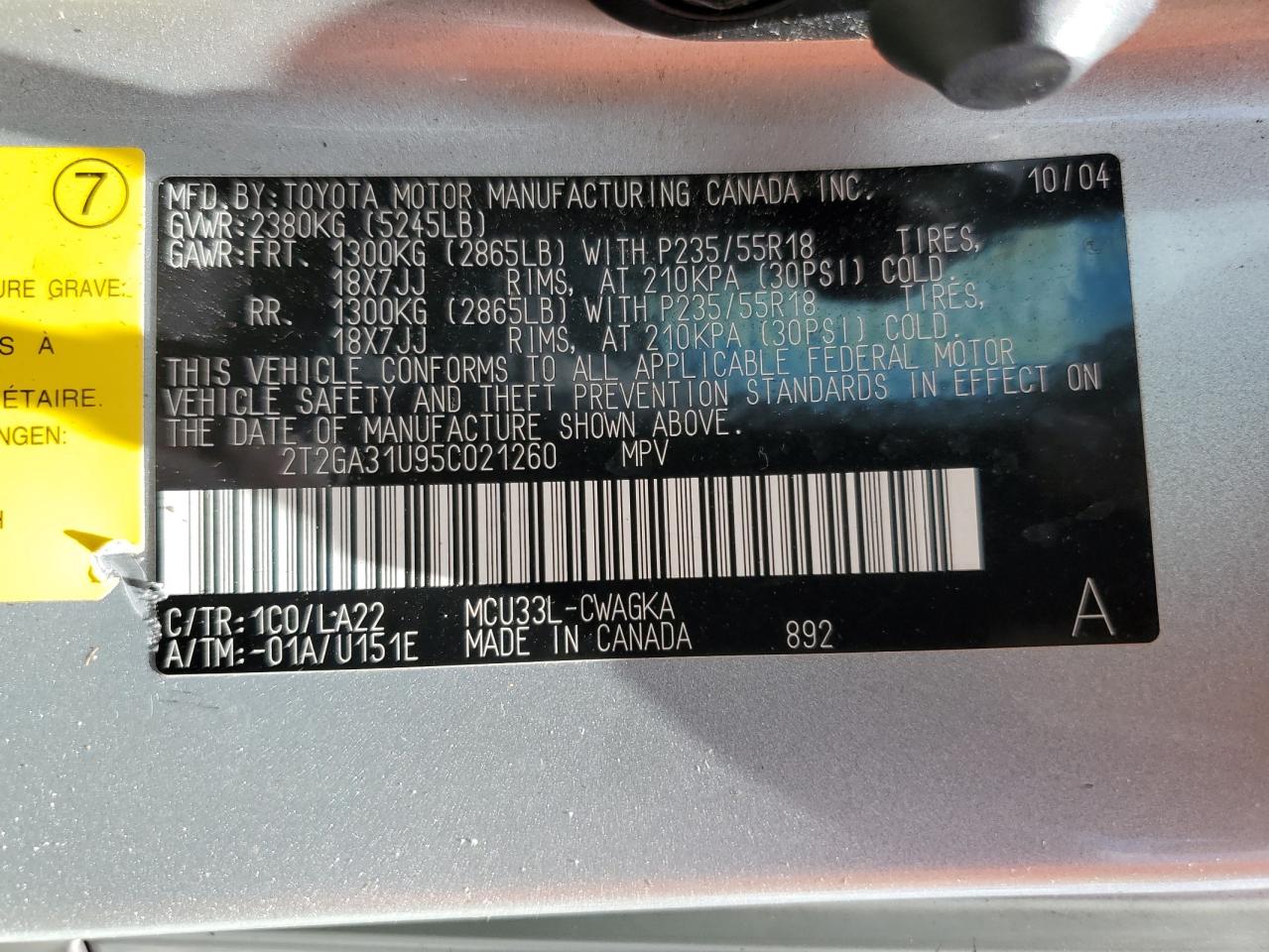 2005 Lexus Rx 330 VIN: 2T2GA31U95C021260 Lot: 62261245