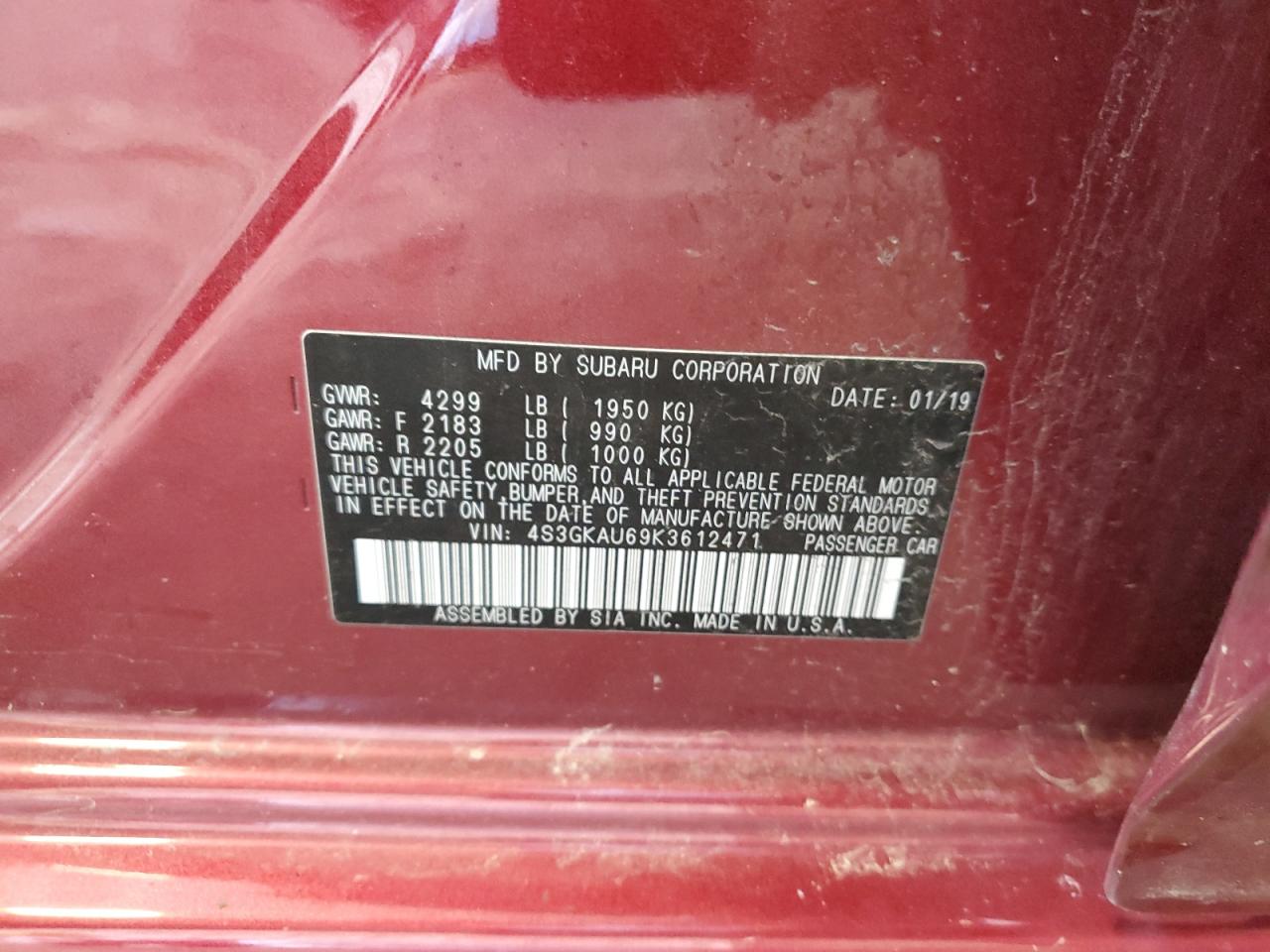 2019 Subaru Impreza Limited VIN: 4S3GKAU69K3612471 Lot: 61125945