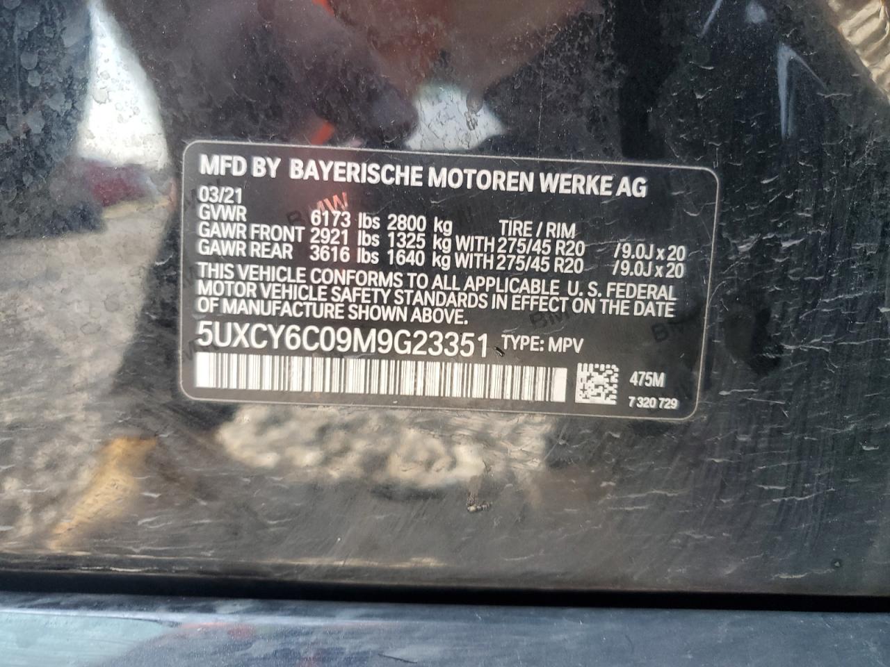 2021 BMW X6 xDrive40I VIN: 5UXCY6C09M9G23351 Lot: 62009505