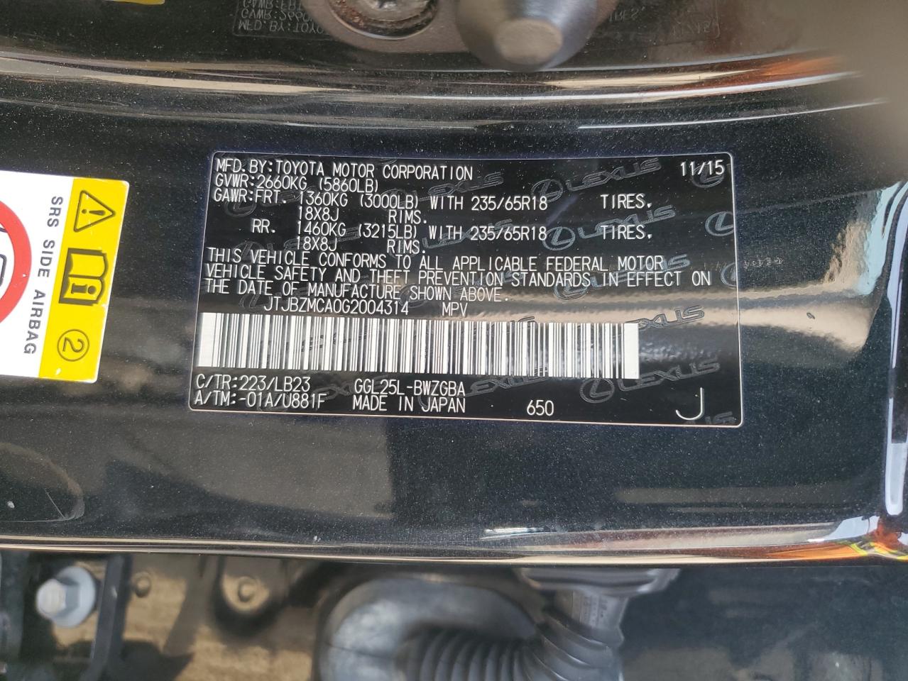 2016 Lexus Rx 350 VIN: JTJBZMCA0G2004314 Lot: 59159715