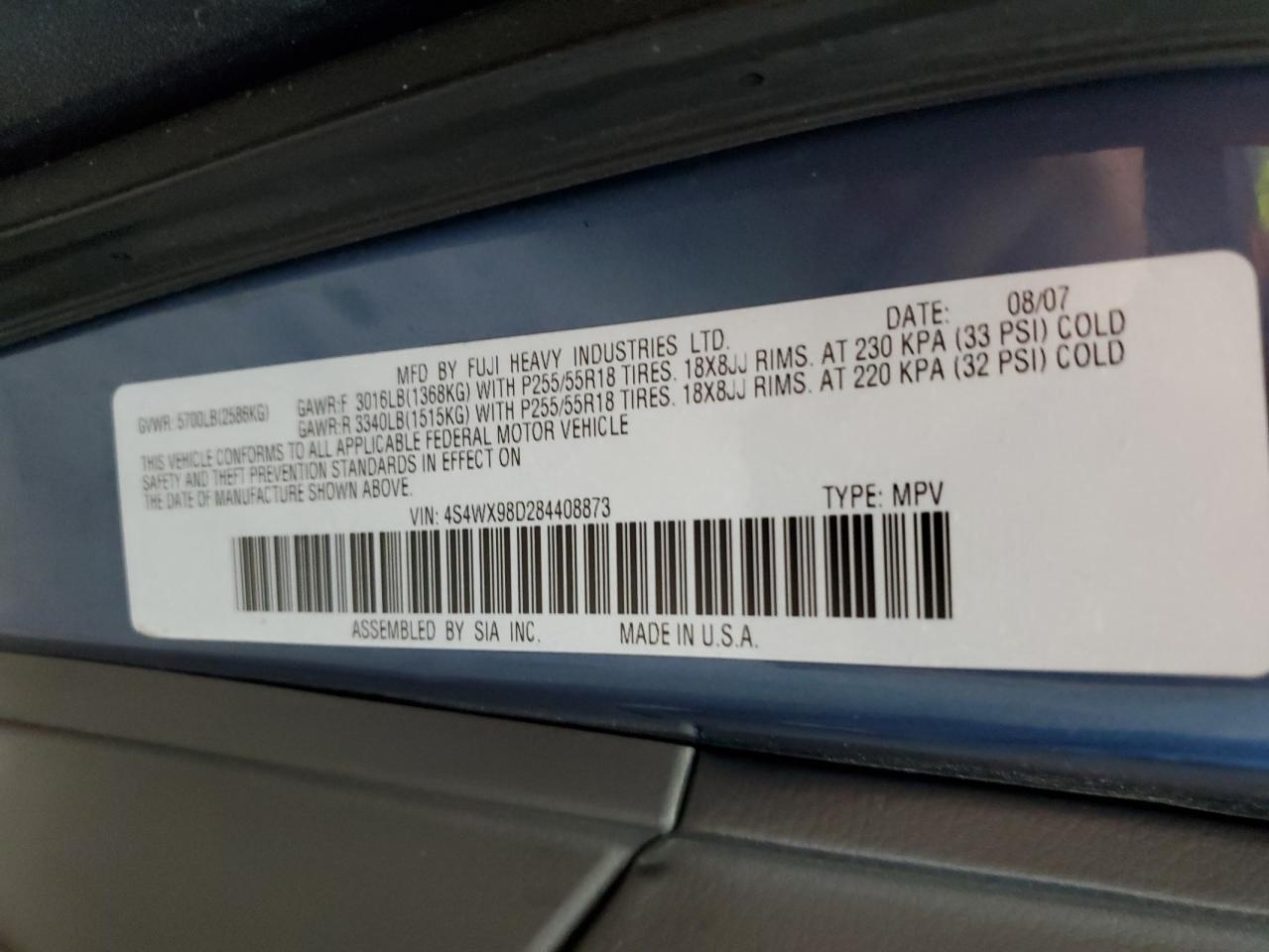 2008 Subaru Tribeca Limited VIN: 4S4WX98D284408873 Lot: 60975225