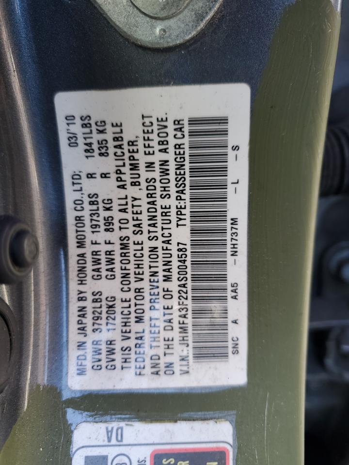 2010 Honda Civic Hybrid VIN: JHMFA3F22AS004587 Lot: 63042095