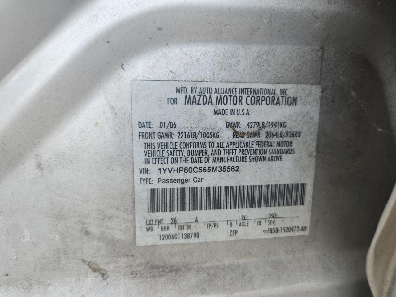2006 Mazda 6 I VIN: 1YVHP80C565M35562 Lot: 60359865