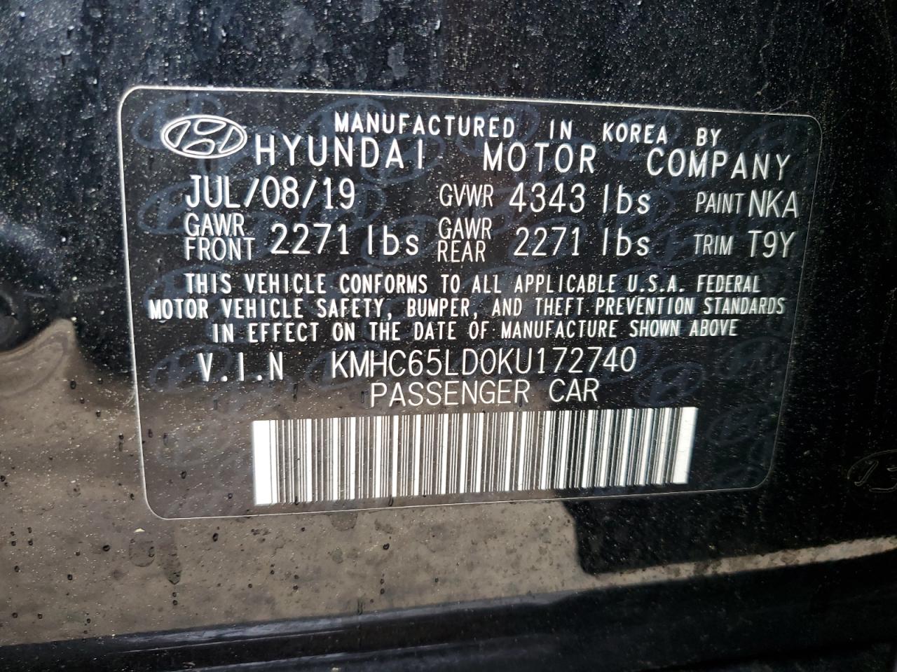 2019 Hyundai Ioniq VIN: KMHC65LD0KU172740 Lot: 59917735