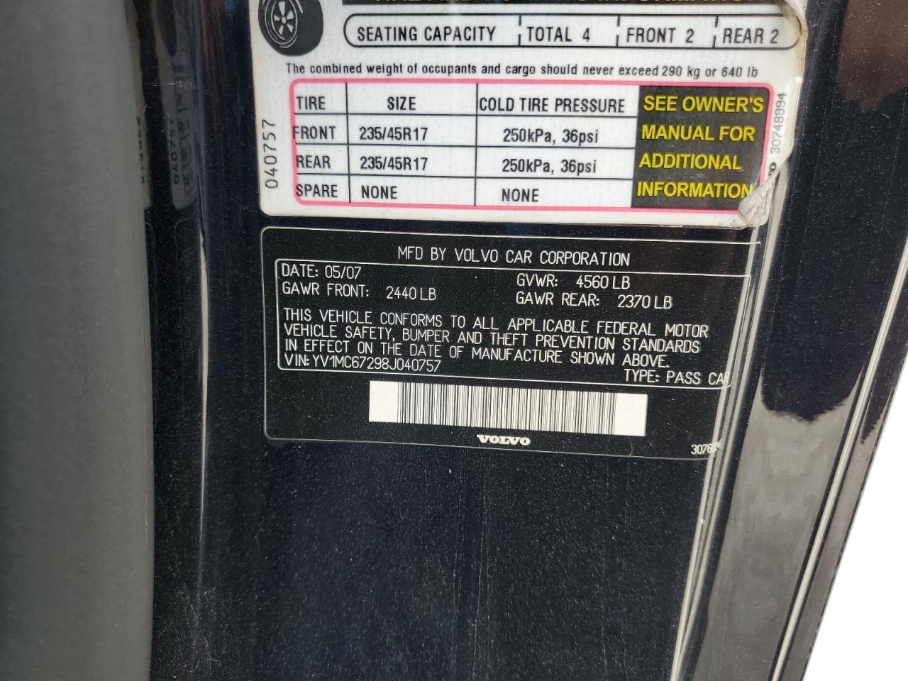 2008 Volvo C70 T5 VIN: YV1MC67298J040757 Lot: 62120155