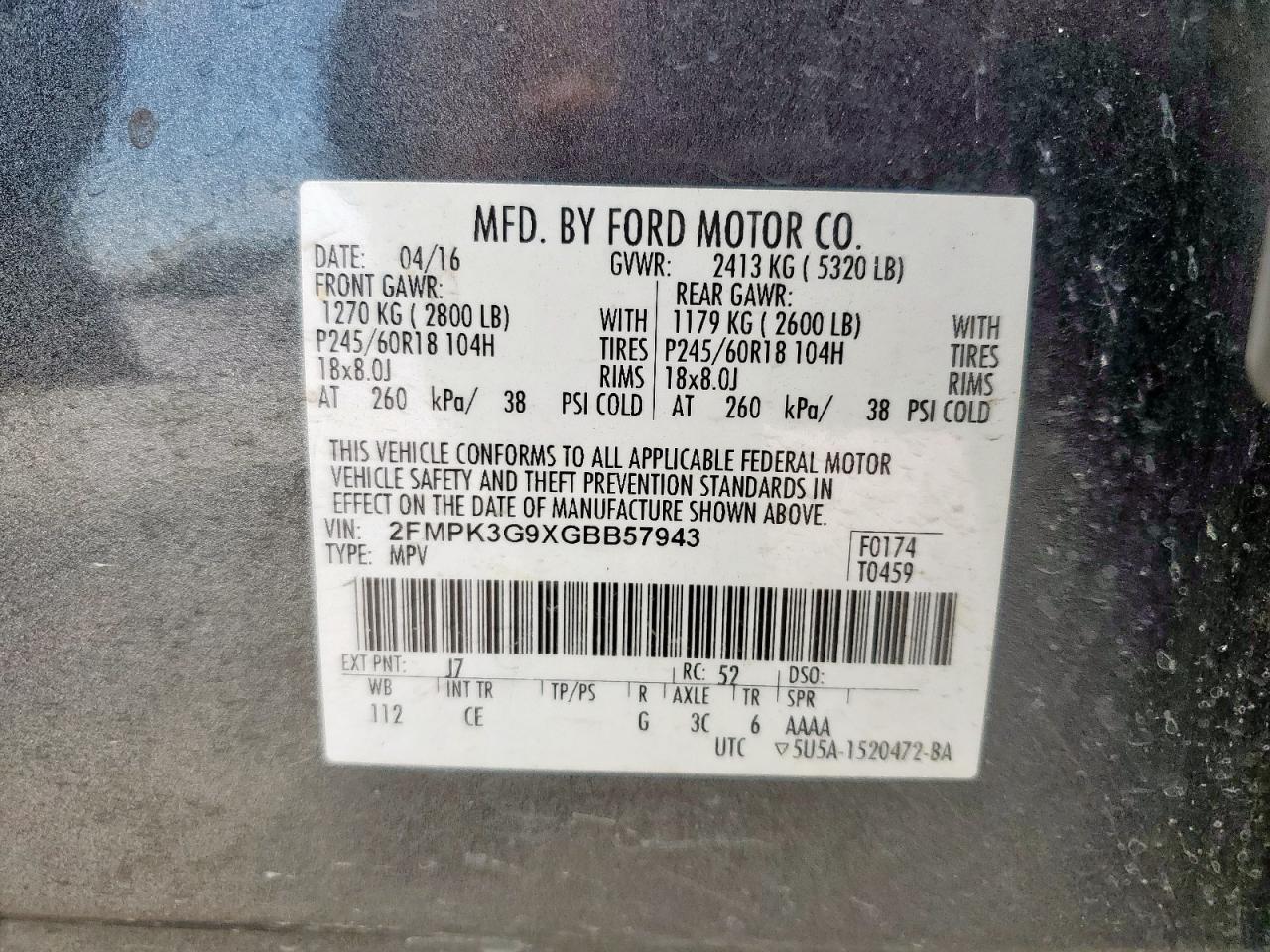 2016 Ford Edge Se VIN: 2FMPK3G9XGBB57943 Lot: 63050635