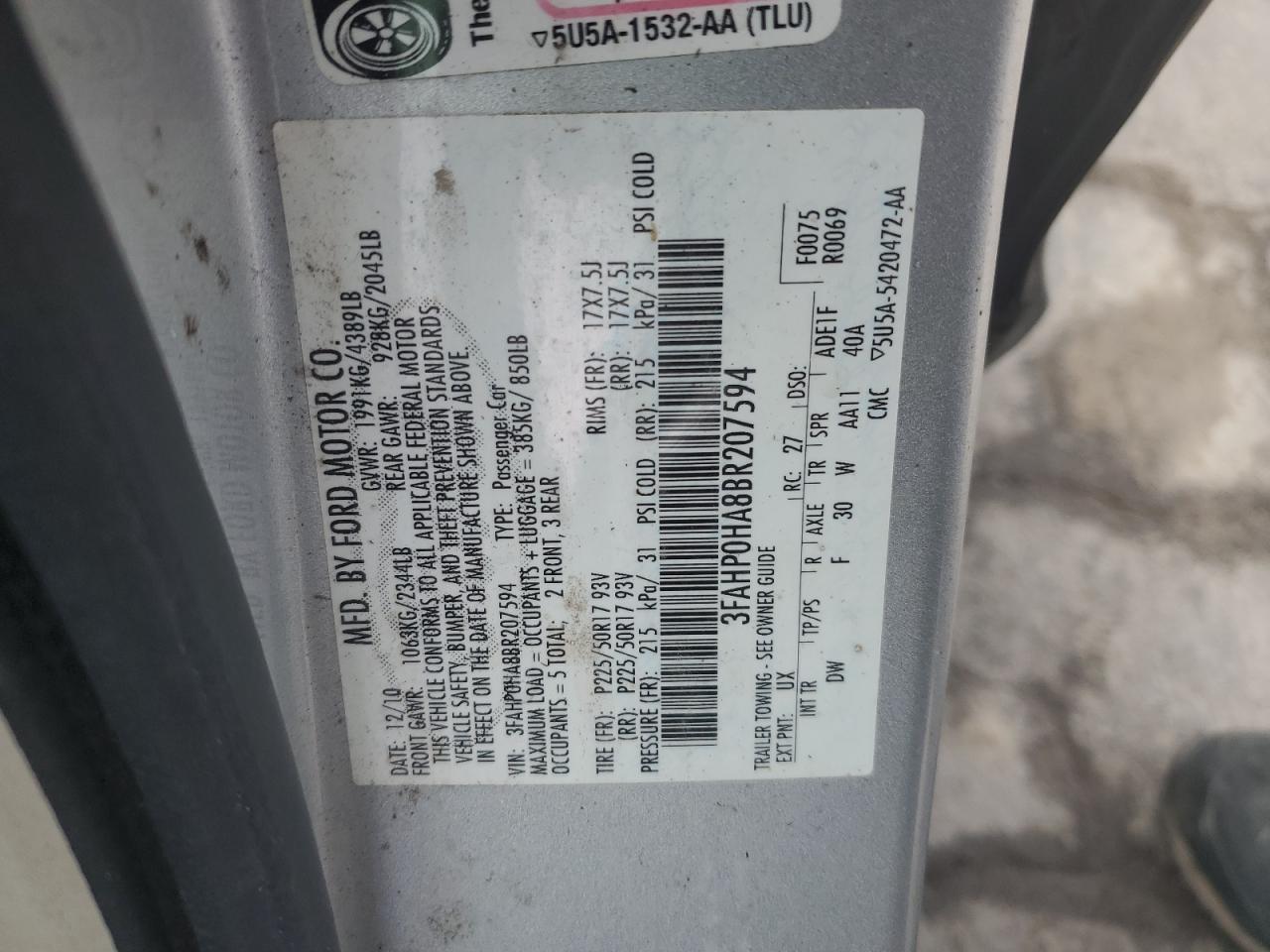 2011 Ford Fusion Se VIN: 3FAHP0HA8BR207594 Lot: 59690615