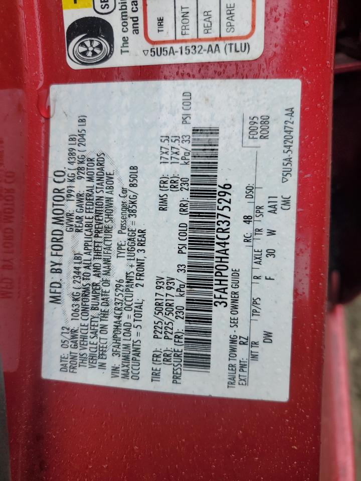 2012 Ford Fusion Se VIN: 3FAHP0HA4CR375296 Lot: 59740795