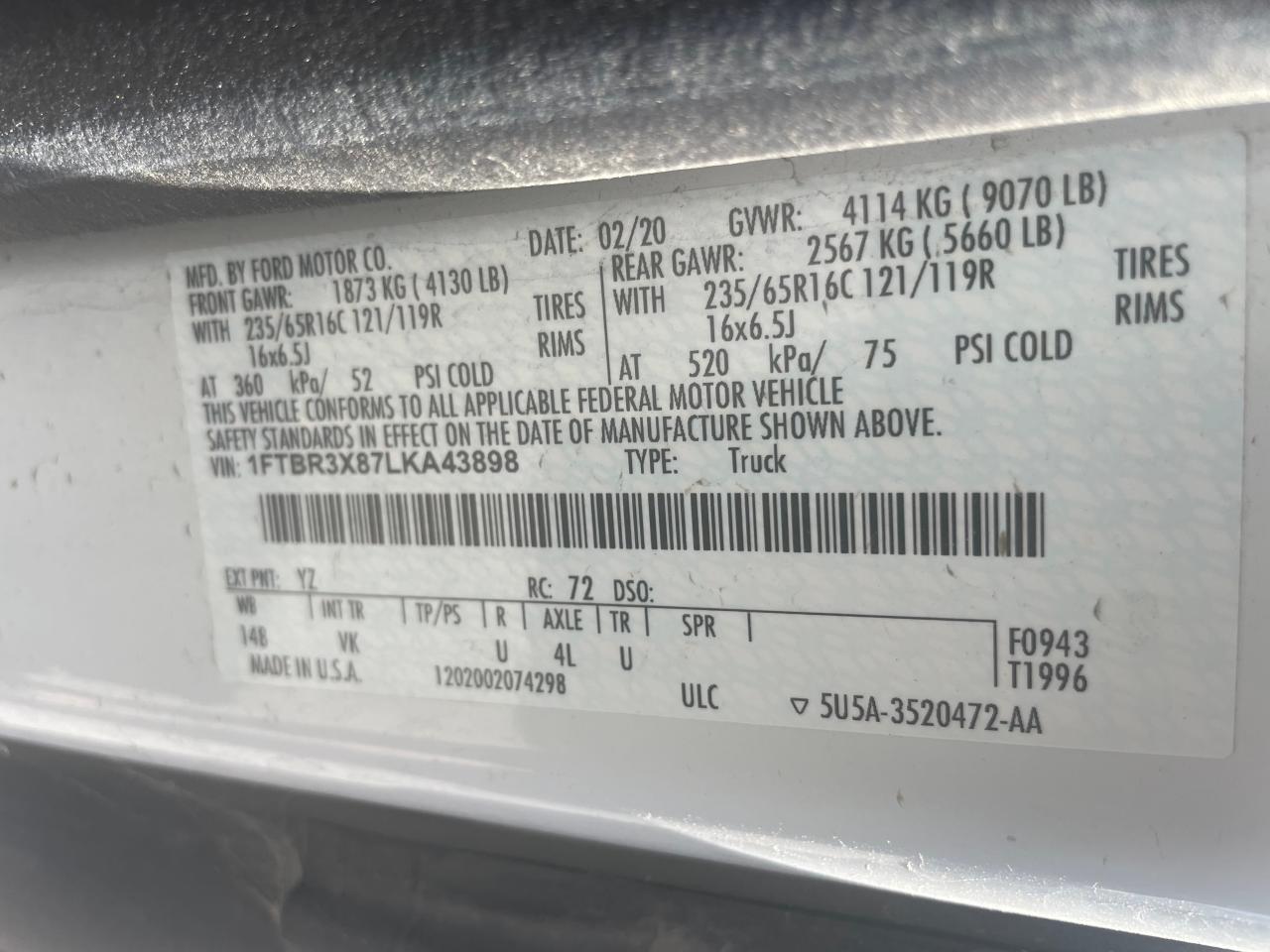FORD TRANSIT 2020 VIN 1FTBR3X87LKA43898 zdjęcie 10