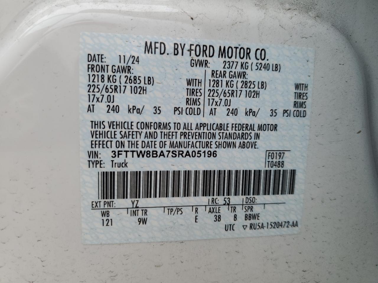2025 Ford Maverick Xl VIN: 3FTTW8BA7SRA05196 Lot: 59949115