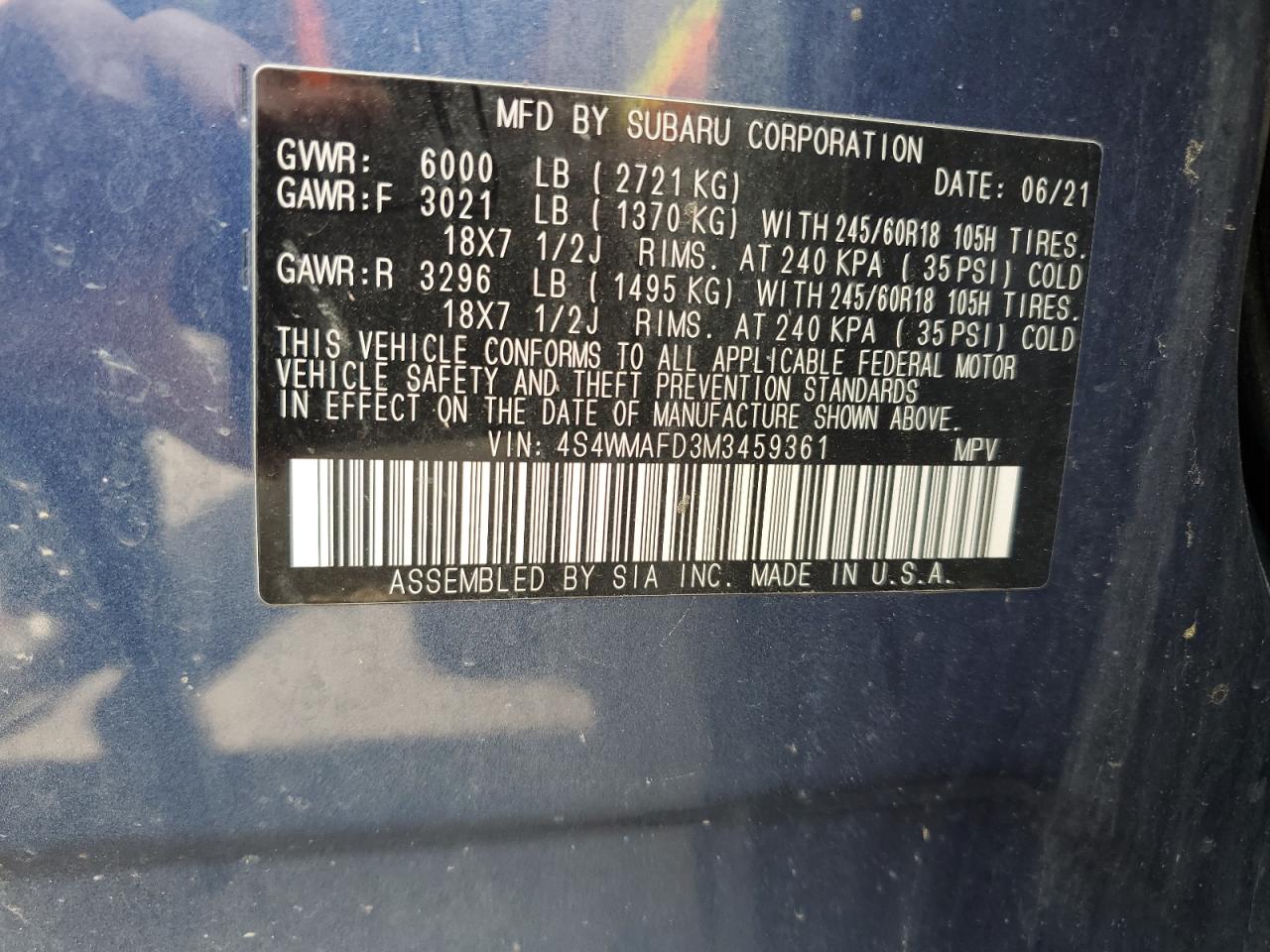 2021 Subaru Ascent Premium VIN: 4S4WMAFD3M3459361 Lot: 62299965