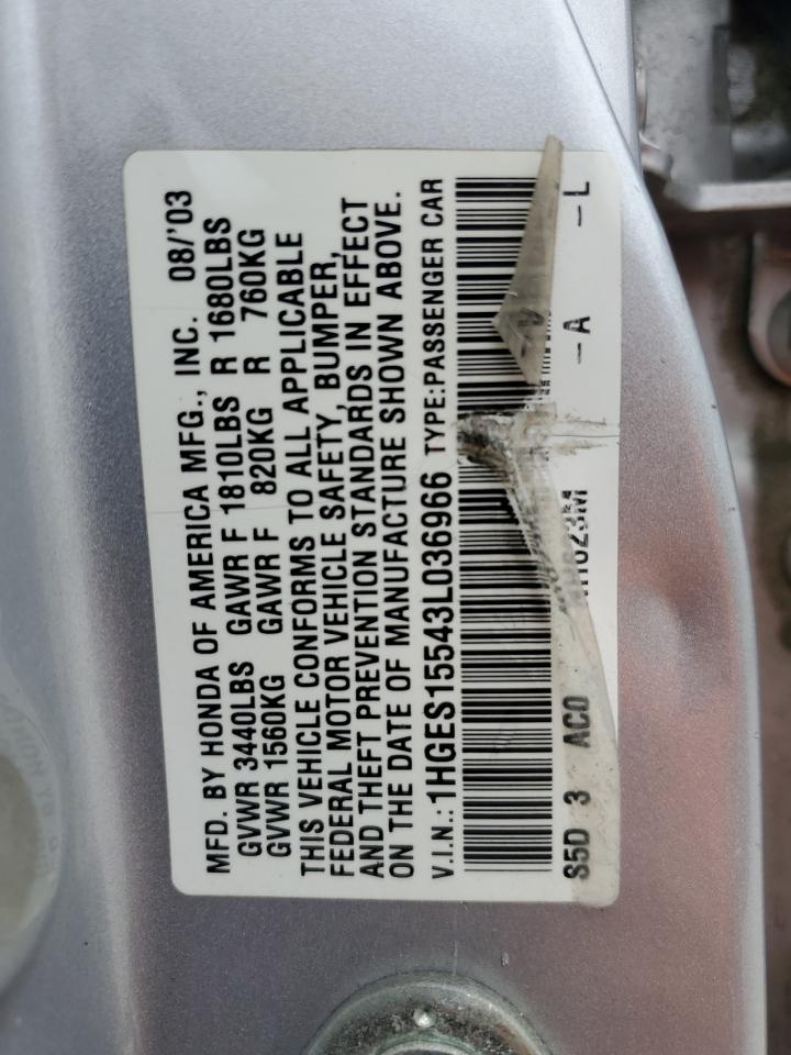 2003 Honda Civic Lx VIN: 1HGES15543L036966 Lot: 59678805