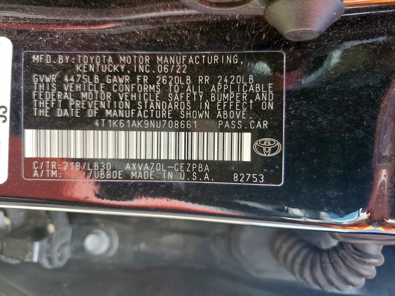 TOYOTA CAMRY 2022 VIN 4T1K61AK9NU708661 фото 12