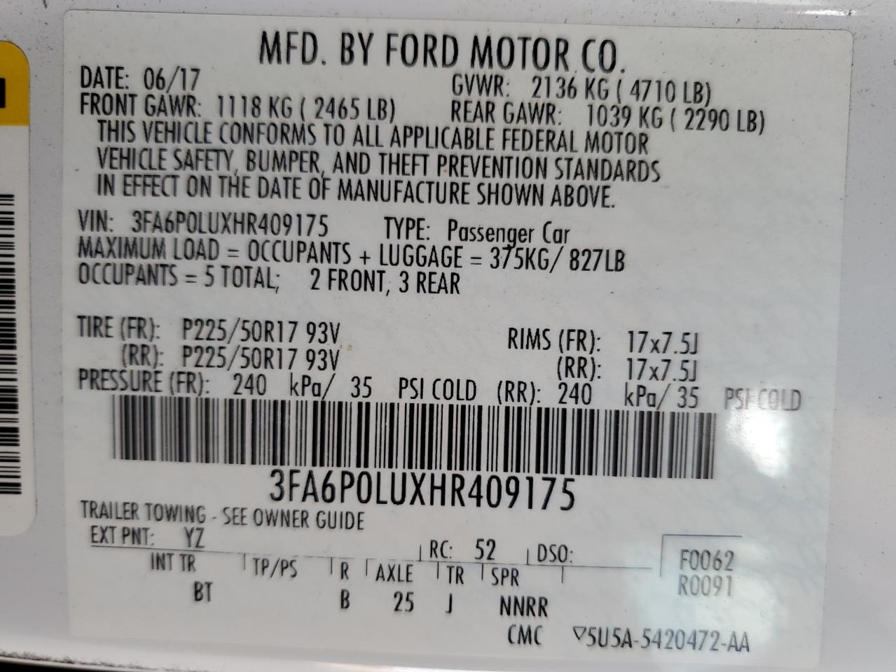 2017 Ford Fusion Se Hybrid VIN: 3FA6P0LUXHR409175 Lot: 59000285