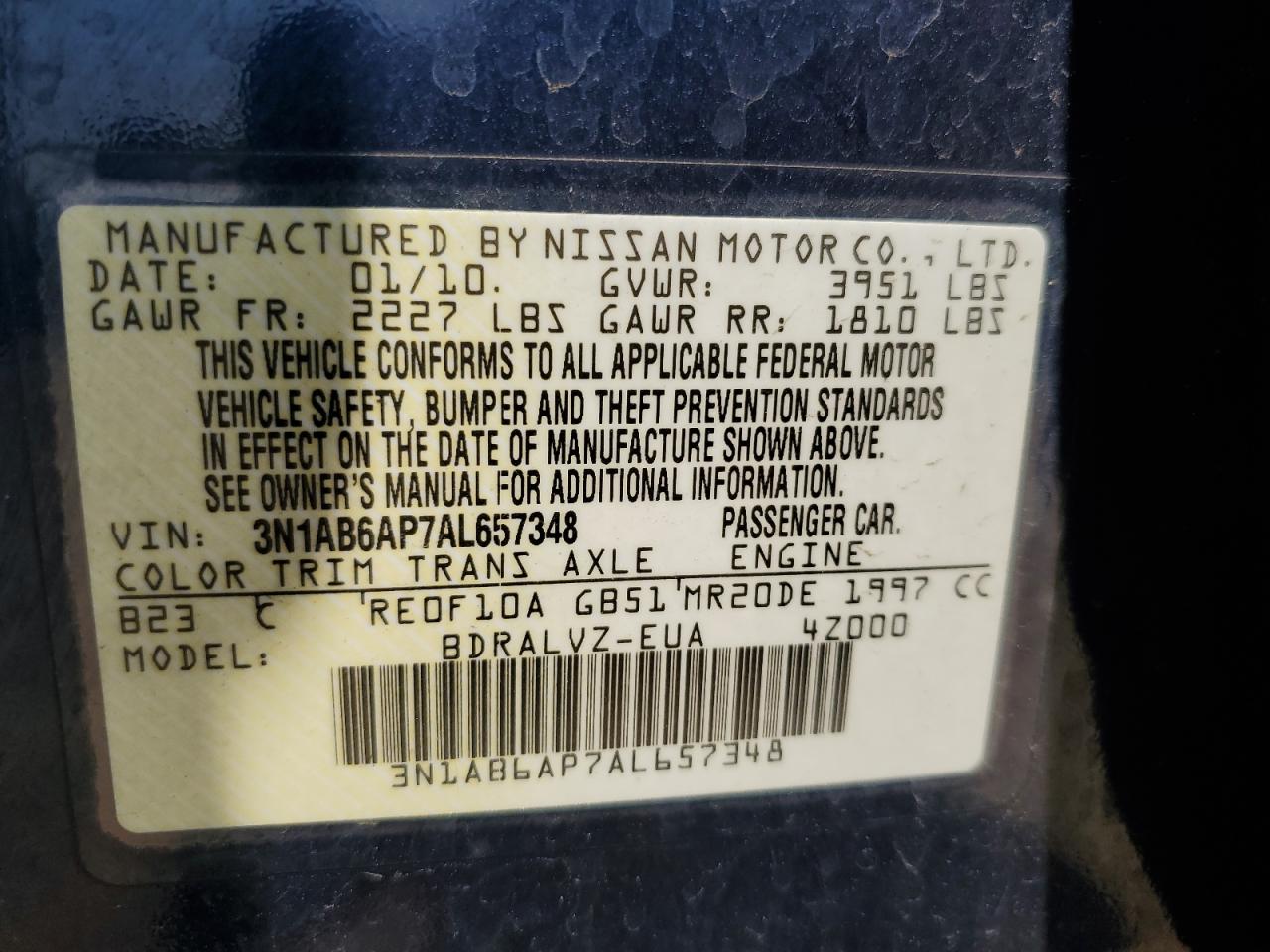 2010 Nissan Sentra 2.0 VIN: 3N1AB6AP7AL657348 Lot: 60409925
