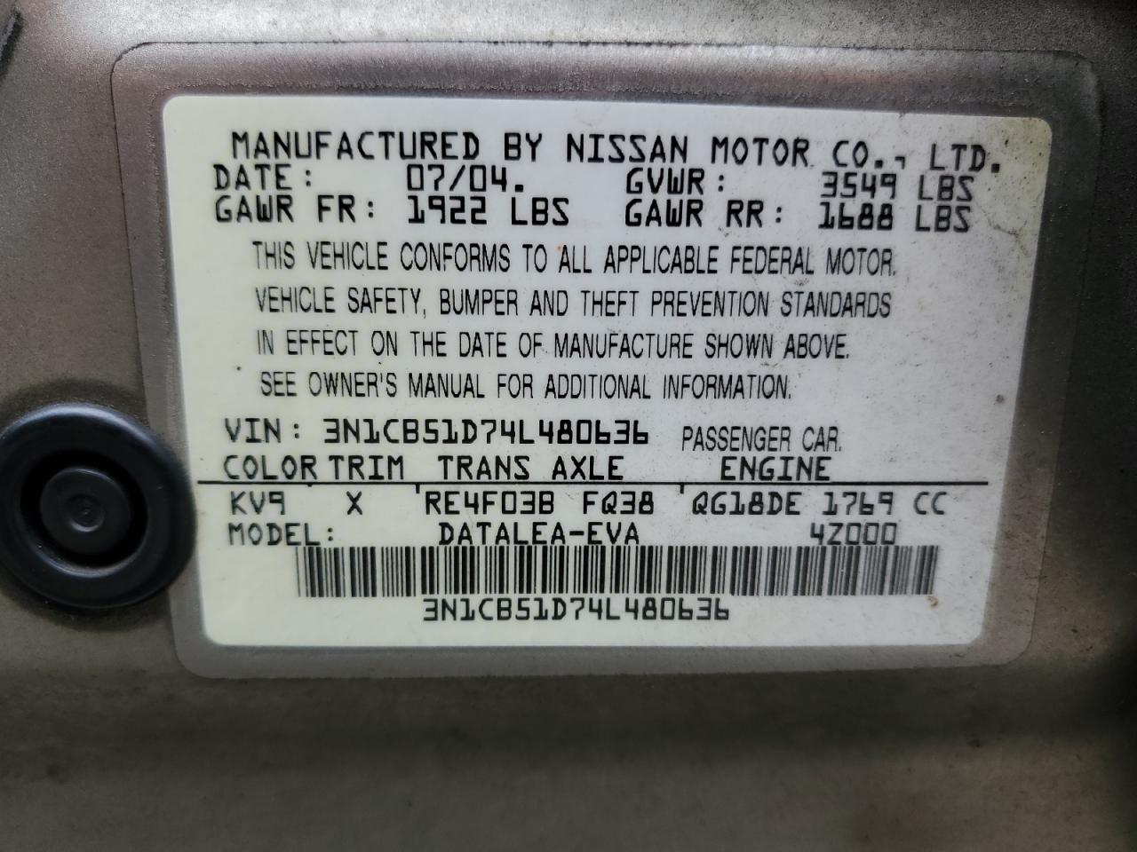 2004 Nissan Sentra 1.8 VIN: 3N1CB51D74L480636 Lot: 62811075