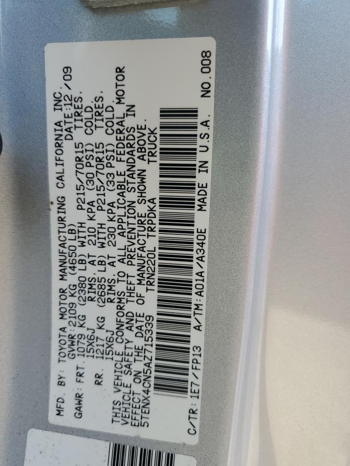 2010 Toyota Tacoma VIN: 5TENX4CN5AZ715339 Lot: 62401815