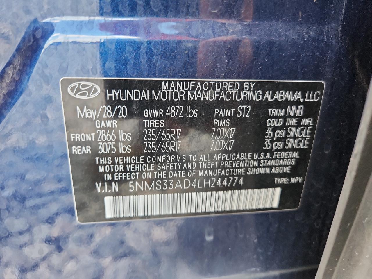 2020 Hyundai Santa Fe Sel VIN: 5NMS33AD4LH244774 Lot: 60312185