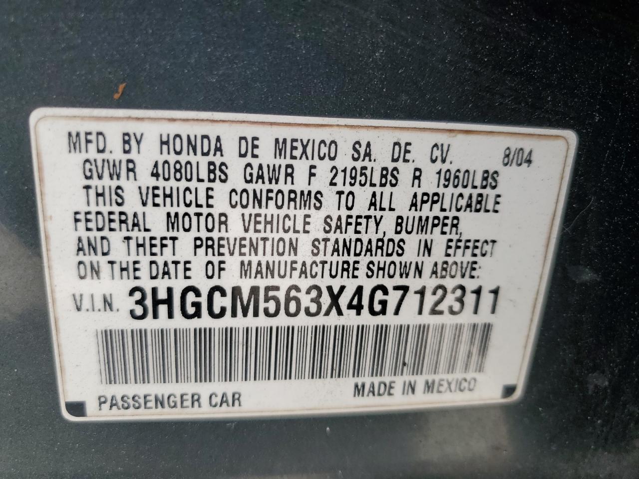 2004 Honda Accord Lx VIN: 3HGCM563X4G712311 Lot: 62831715