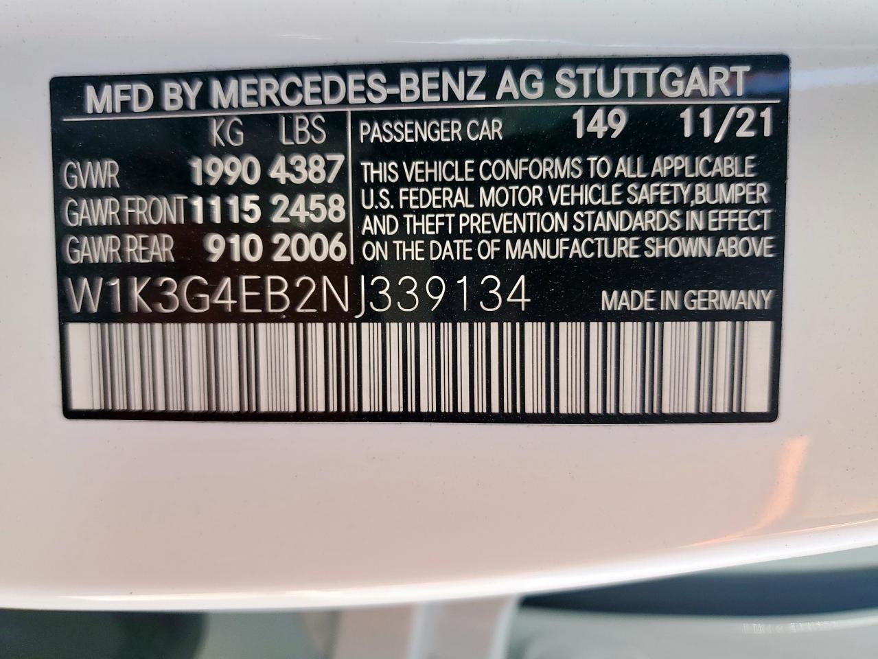 2022 Mercedes-Benz A 220 VIN: W1K3G4EB2NJ339134 Lot: 61642425