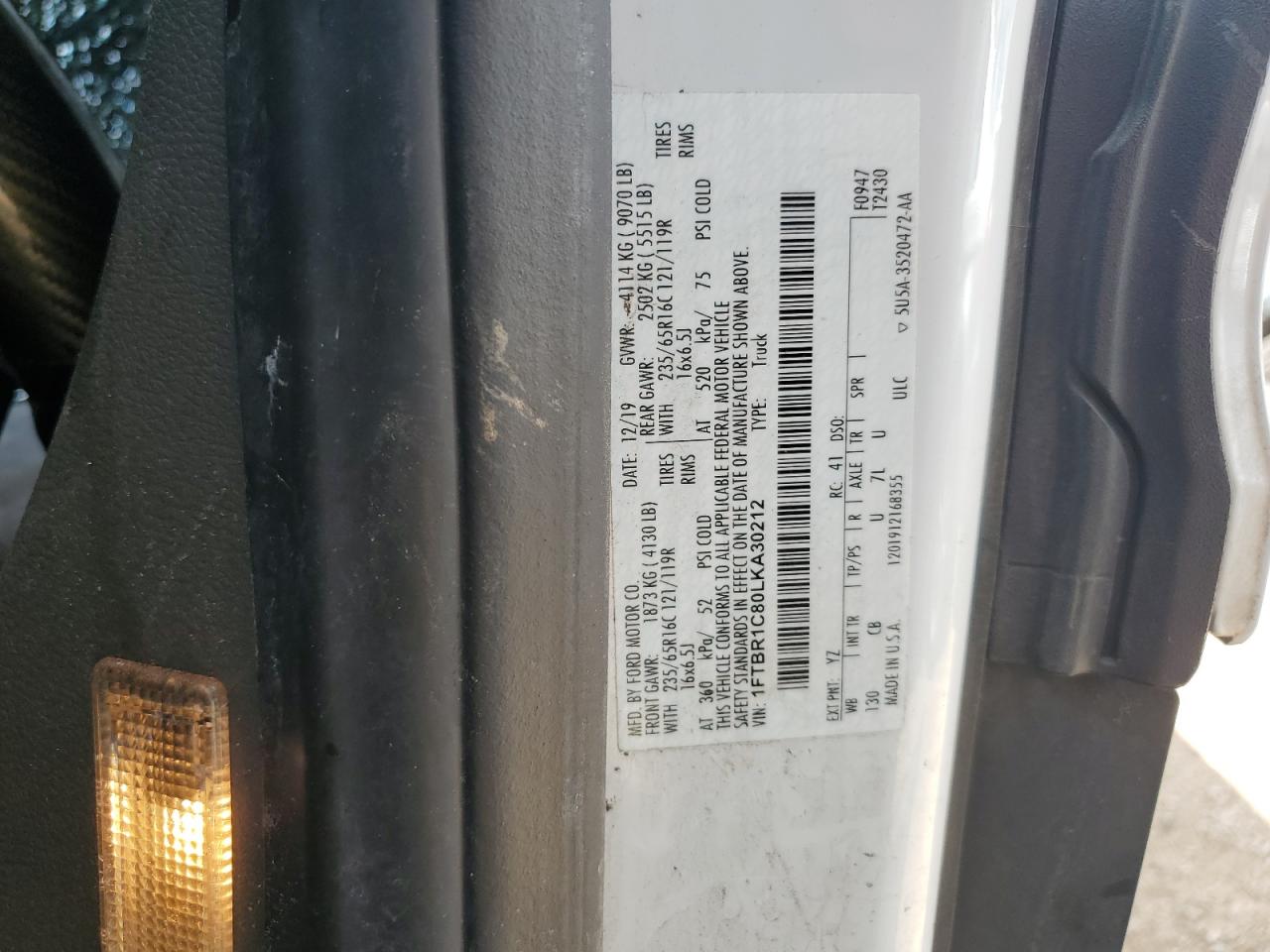 2020 Ford Transit T-250 VIN: 1FTBR1C80LKA30212 Lot: 62764695