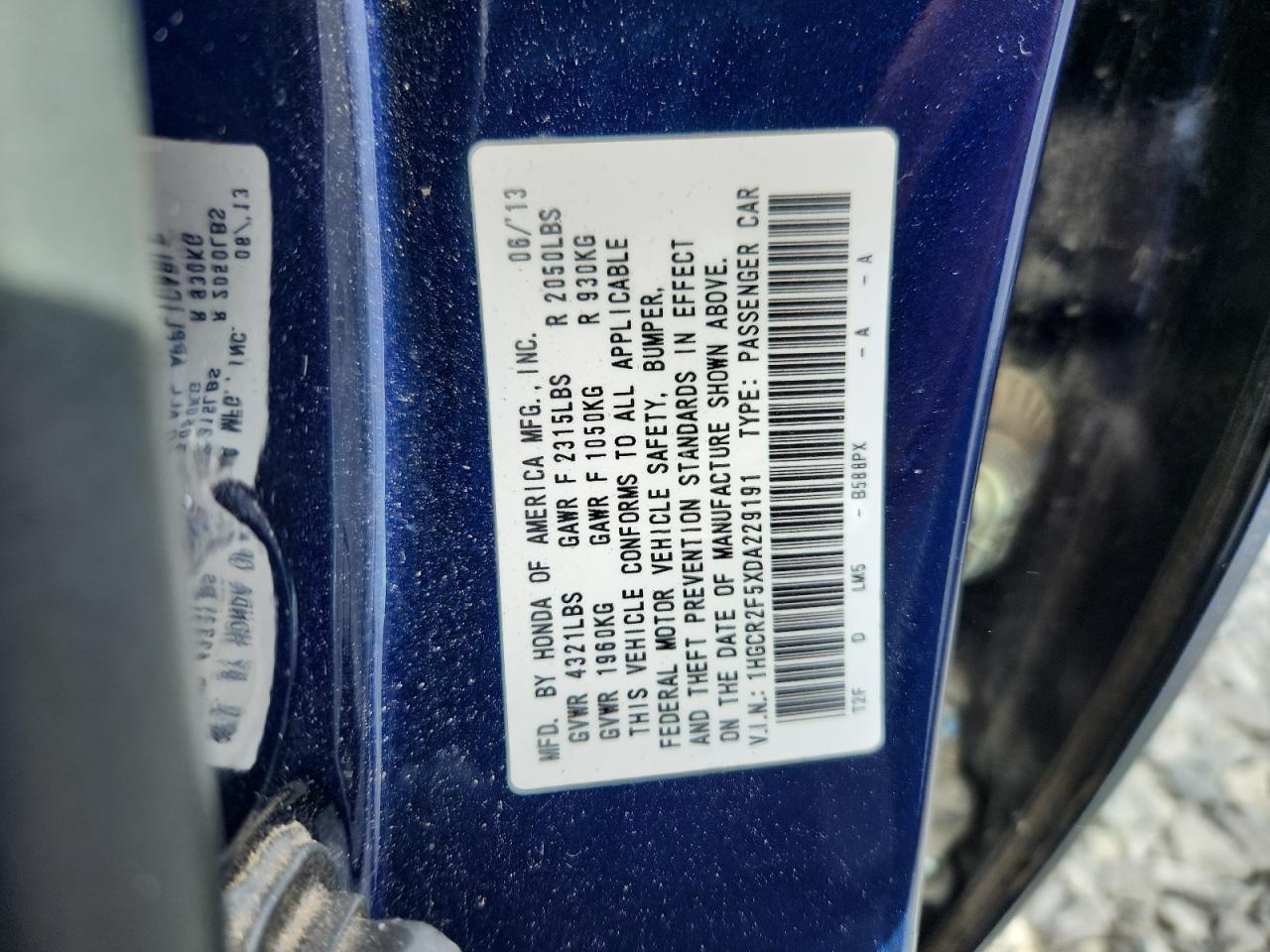 2013 Honda Accord Sport VIN: 1HGCR2F5XDA229191 Lot: 62390005