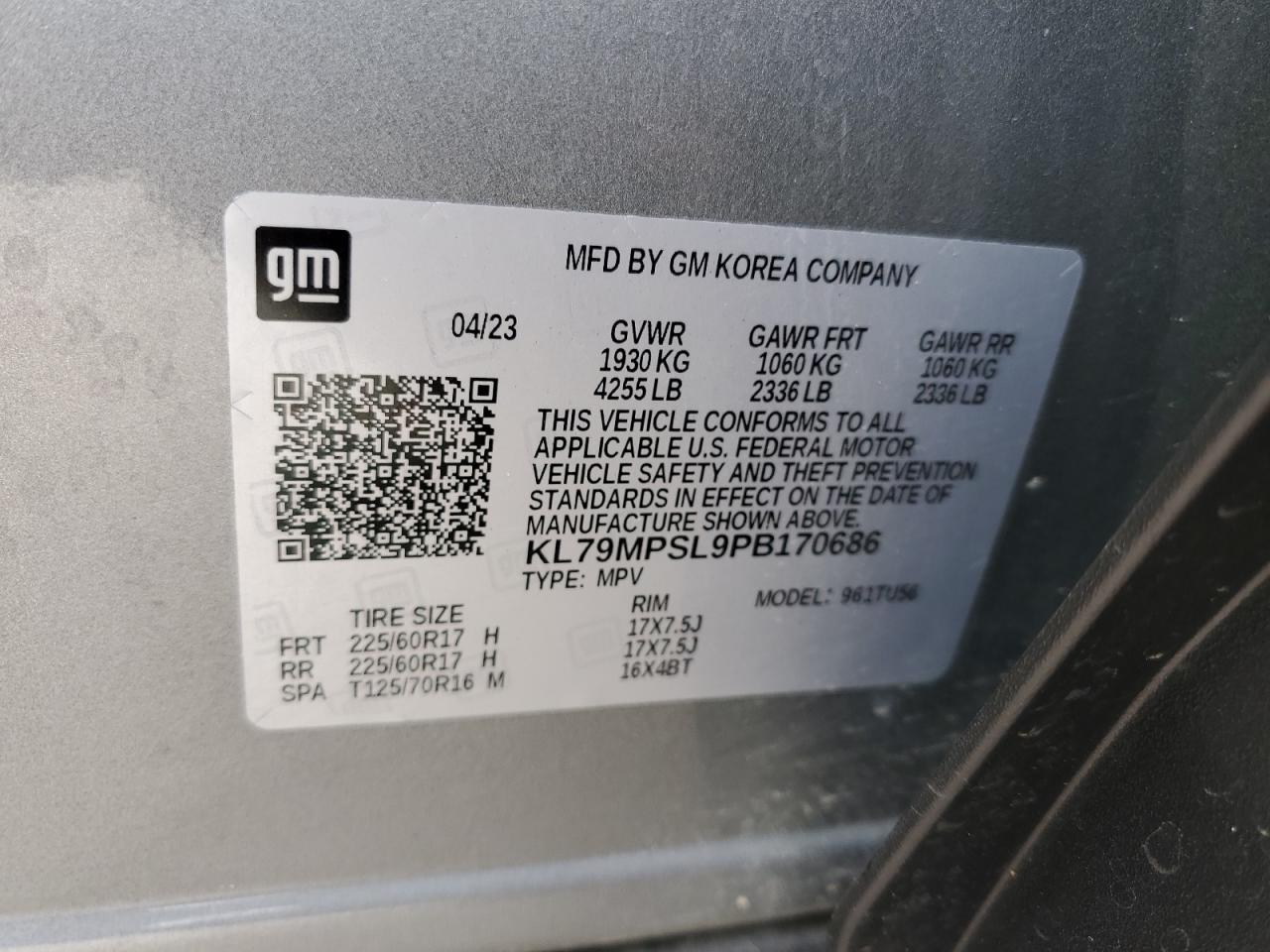 2023 Chevrolet Trailblazer Lt VIN: KL79MPSL9PB170686 Lot: 60445145