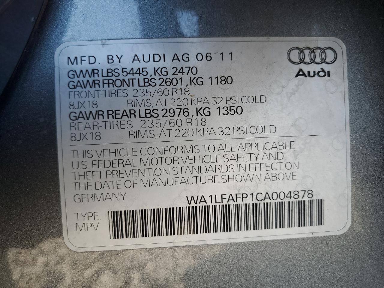 2012 Audi Q5 Premium Plus VIN: WA1LFAFP1CA004878 Lot: 61558685